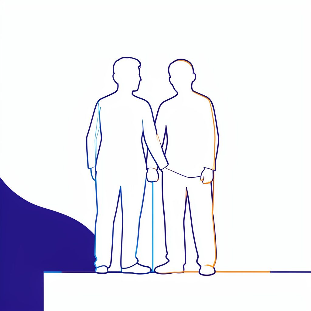 Garis minimalis abstrak dengan bentuk geometris biru elektrik dan oranye di atas latar ungu tua