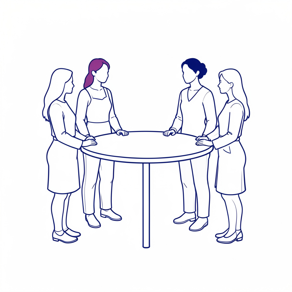 Ilustrasi garis empat figur perempuan berdiri melingkar di sekitar meja bundar, warna dominan indigo dan magenta