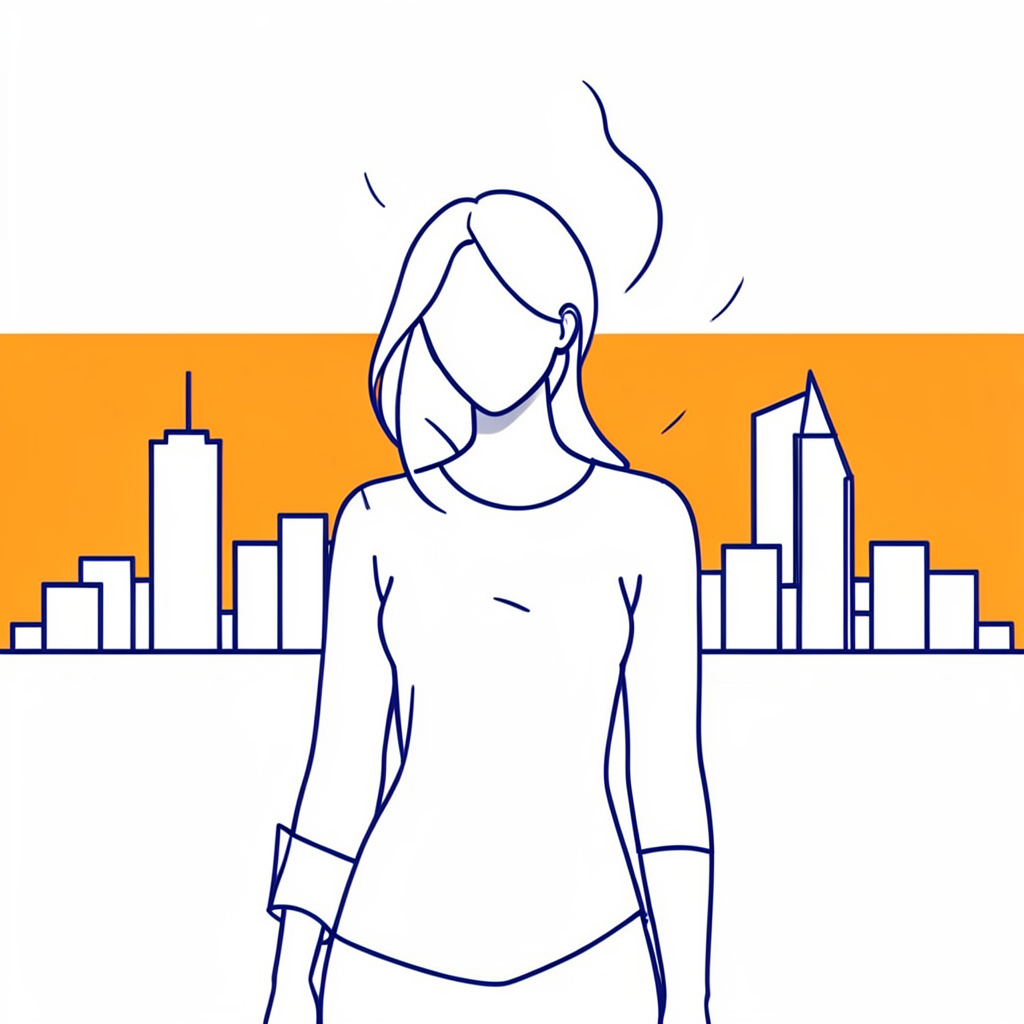 Sketsa garis figur perempuan dengan latar oranye menyala dan siluet bangunan