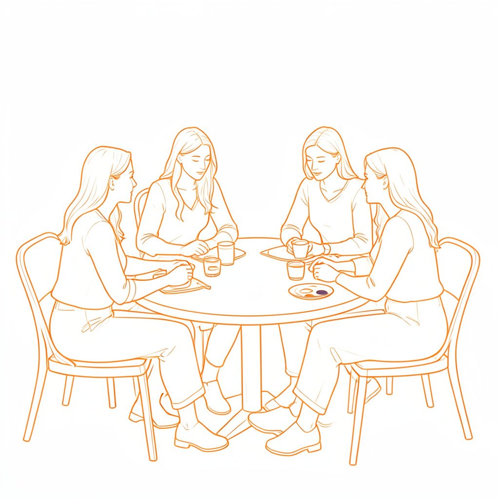 Sketsa garis minimalis beberapa figur perempuan duduk melingkar di meja bundar, dengan palet warna indigo dan oranye hangat